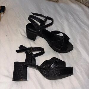 Black Glitter Platform Block-Heel Sandals with Ankle Strap